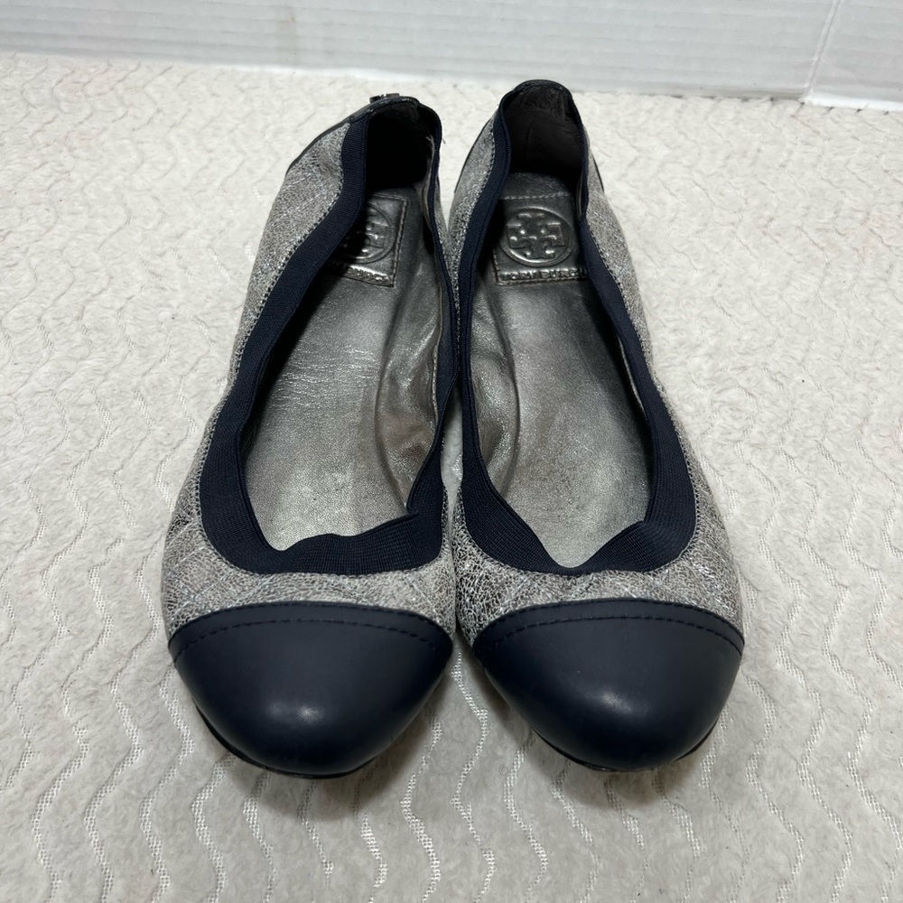 Tory Burch Bridgette Women’s 8.5M Cap Toe Ballerina Flat Black Silver Metallic